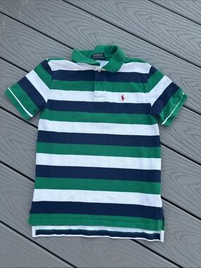 Polo by Ralph Lauren Green Navy White Striped Polo Shirt w/ Red Pony, size 10/M